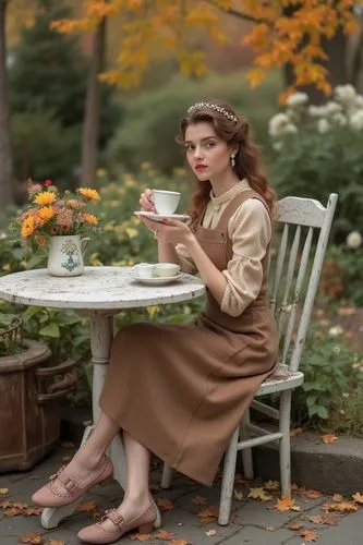 A vintage-inspired fall outfit with a polka-dot blouse, high-waisted wool skirt, and Mary Janes. She’s enjoying a cup of tea at a quaint garden cafe, with pearl earrings and a delicate headband for a 