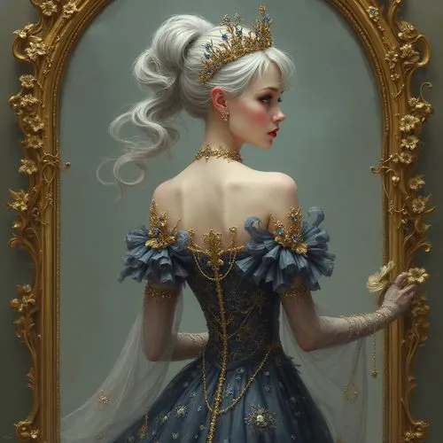 A sophisticated, fantasy-style digital illustration of an ethereal, regal woman standing with her back to the viewer, framed by a large, ornate golden mirror with baroque-style scrollwork, floral patt
