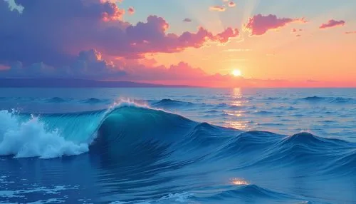 A detailed digital illustration of the ocean's beauty, a painting in fusion with the twilight sky, capturing the subtle variations of the land. The focus is on the fine details of the water's colors, 