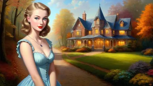 Romantic masterpiece oil painting, cute girl portrait, nostalgic 1950's style kitsch, breathtaking beautiful landscape, majestic natural Autumn scenery, Victorian manor mansion, warm evening lighting,