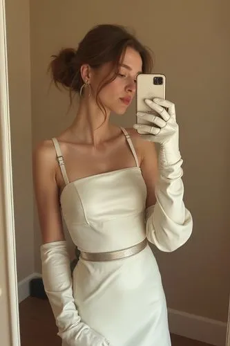 "A teenage girl takes an amateur mirror selfie with a low-quality phone, highlighting her elegant and timeless white outfit. She wears a white satin sheath dress that falls mid-thigh, with high, white