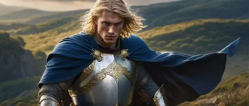male, Paladin, muscular, holy aura, silver armor, blue cape, golden trim, intricate engravings, broadsword, shield, determined expression, flowing blond hair, piercing blue eyes, strong jawline, divin