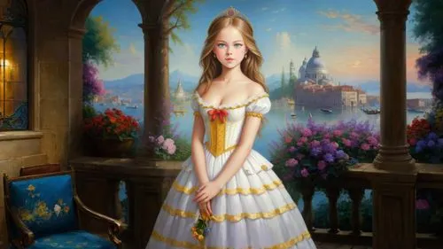 Romantic masterpiece oil painting, cute girl portrait, nostalgic 1950's style kitsch, traditional woman, tradwife, beautiful European cityscape, epic vast kingdom scenery, Venice Italian scenery, by T