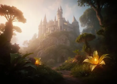 Cinematic picture of a near-fantastical castle integrated with nature, glowing soft warm light, surreal lush gardens with oversized plants and glowing flora, ethereal atmosphere.,the fantasy setting o
