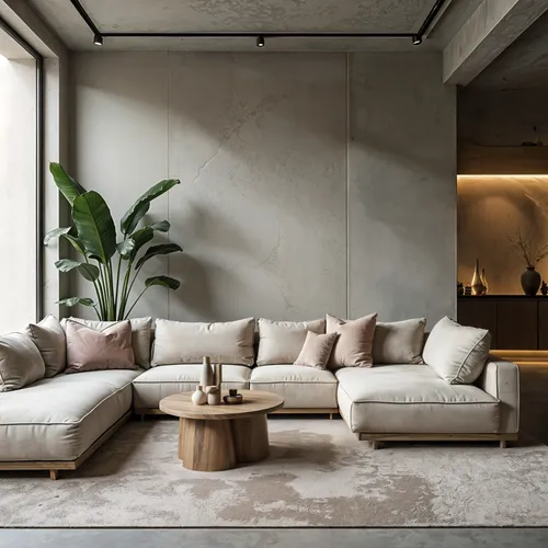Room, Modern, Urban textures, Exposed concrete, smooth plaster,a large sectional sofa sitting in a room with a white table,minotti,modern minimalist lounge,apartment lounge,living room,travertine,cass