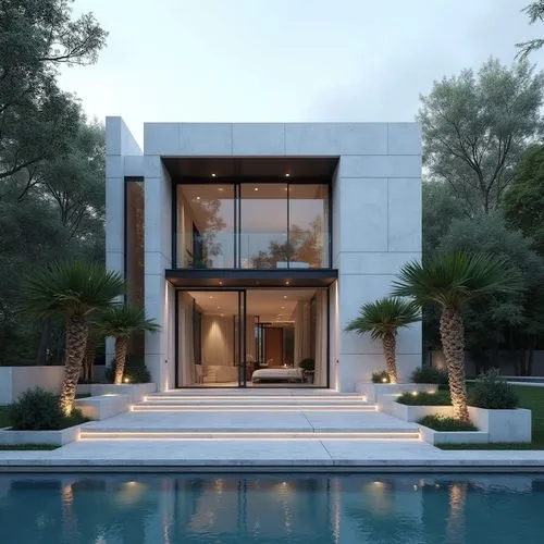 A hyper-realistic, high-resolution architectural photograph capturing a grand, ultra-modern luxury mansion at twilight. The building’s façade is composed of smooth white stone panels contrasted with s