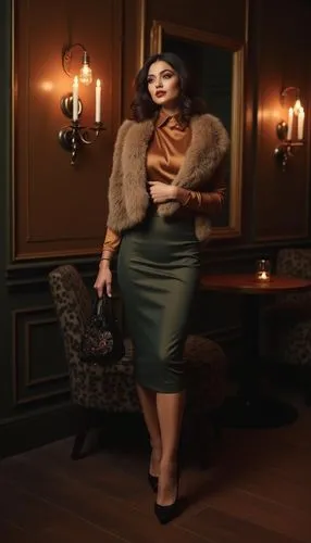 A luxurious fall outfit with a faux fur stole, satin blouse, and fitted pencil skirt. She’s entering an upscale jazz club, exuding elegance and timeless glamour for an evening out.
