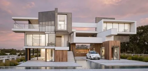 a white truck parked outside of a large house,modern house,modern architecture,cubic house,cube house,luxury home,modern style