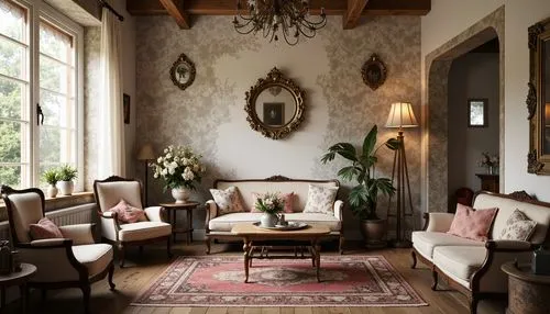 Distressed vintage furniture, soft pastel colors, lace curtains, floral patterns, distressed wood textures, ornate metal fixtures, elegant chandeliers, rustic wooden floors, natural stone walls, plush
