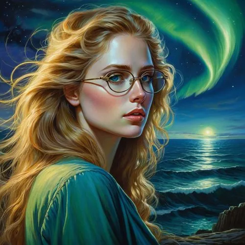 Beautiful 20s woman with long flowing light brown hair with blonde highlights, blue-green eyes, aurora borealis and moonlight, gazing out to sea with heartbroken face, specs who is the ruination of me