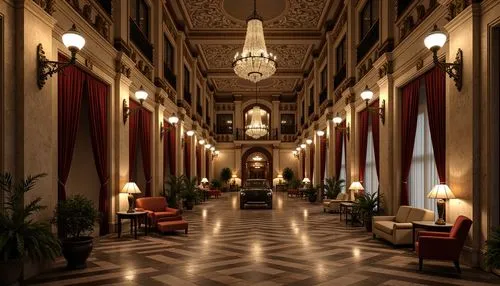 Grandiose hotel facade, ornate columns, intricately carved stonework, majestic archways, vintage lamp posts, rich velvet drapes, antique furnishings, opulent chandeliers, lavish ballrooms, intricate m