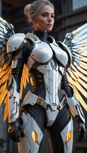 (Two mechanical wings:1.2),((Best quality)),((masterpiece)),(detailed:1.2),3D,an image of a beautiful cyberpunk female with all black armour,HDR (High Dynamic Range),Ray Tracing,NVIDIA RTX,Super-Resol