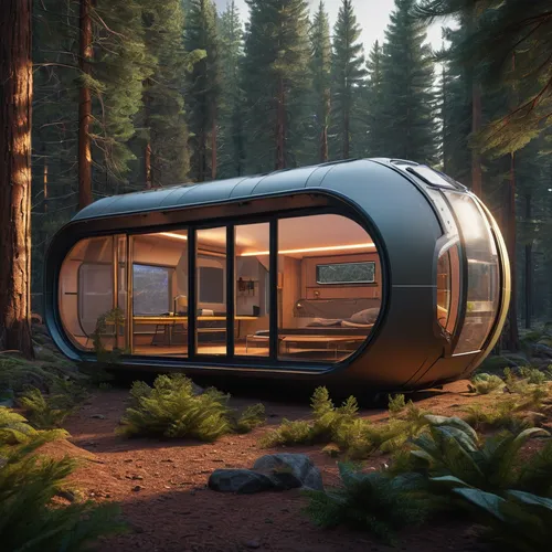 Envision a series of self-contained, mobile living pods that can be transported to various environments, such as forests, deserts, or mountains. Looking from an angle inside the living pods. Each pod 