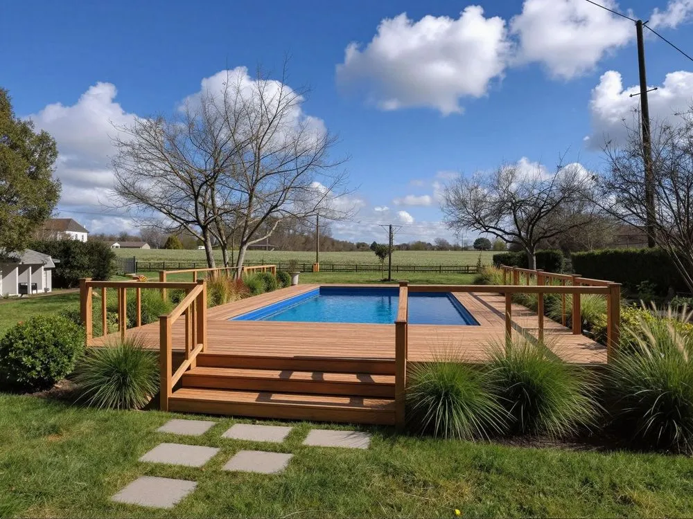 a deck with a blue swimming pool is surrounded by green grass and trees