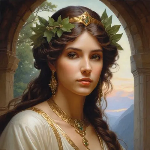 portrait,fantasy portrait,artemisia,cleopatra,laurel wreath,maenad,ariadne,emile vernon,circe,persephone,guinevere,romantic portrait,frigga,bouguereau,hypatia,mervat,mystical portrait of a girl,apollo