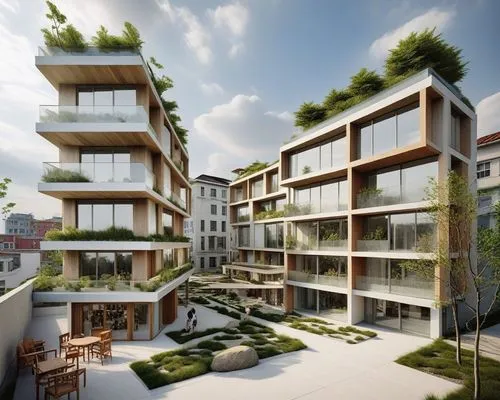 the courtyard in this apartment complex features plants on the balconies,inmobiliaria,residencial