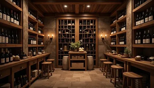 Luxurious wine cellar, rustic wooden racks, dimmed soft lighting, precise temperature control, humidification systems, advanced air purification, insulated walls, climate-controlled environment, rich 