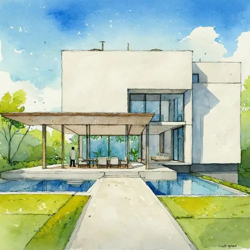 a drawing of an exterior design, in color,mid century house,mid century modern,house drawing,pool house,modern house,contemporary,Illustration,Paper based,Paper Based 07