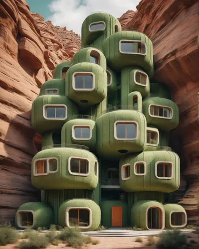 (a matcha green building: 1.2), a digital rendering, inspired by Filip Hodas, unsplash contest winner, (minimalist:1.3), conceptual art, sandstone natural sculptures, canyon, apartment complex made of