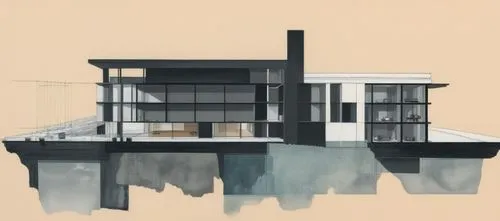 Architectural section in collage style, the black fill must be considered as ground.,house drawing,house by the water,mid century house,modern house,house with lake,houseboat,contemporary,beach house,