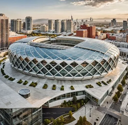 building color with futuristic architectural modern ,a very large round building near some buildings,stadium falcon,musical dome,oval forum,stadiums,futuristic architecture,concert venue,ballpark,the 