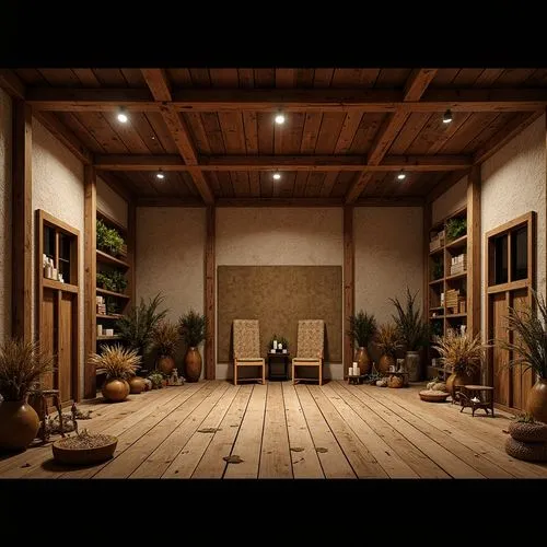 Rustic wooden stage, distressed finishes, vintage lighting fixtures, earthy color palette, natural textiles, woven baskets, pampas grass decorations, reclaimed wood accents, stone walls, metal lantern