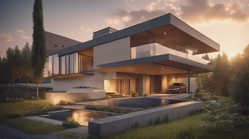a house with an automobile in front of it, in the style of solarizing master, dark gray and light beige, atmospheric ambience, tenwave,modern house,3d rendering,modern architecture,render,eco-construc