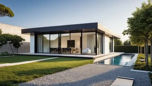 "Un modelo arquitectónico minimalista de una casa elevada sobre pilares, con un diseño moderno y limpio. La vivienda tiene un techo plano de concreto, ventanas rectangulares con marcos de aluminio neg