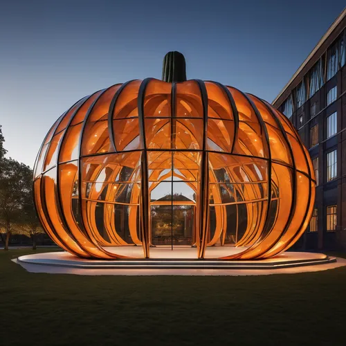 a large-scale pumpkin-shaped pavilion intended for hosting events such as art exhibitions or seasonal gatherings. a structure with a spacious interior that can accommodate seating, exhibits, or perfor