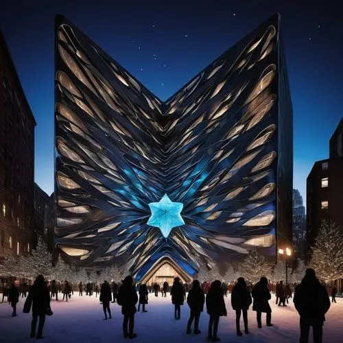 Christmas Zaha Hadid design inception architecture with glowing star on top with christmas light all over the architecture in New York City experience designed to be entered and explored. Explore how 
