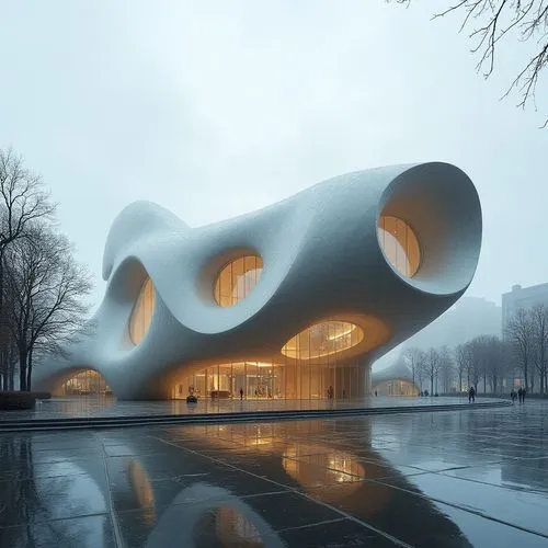 ,the unusual building has round windows at the front,futuristic art museum,futuristic architecture,morphosis,bjarke,modern architecture,futuroscope