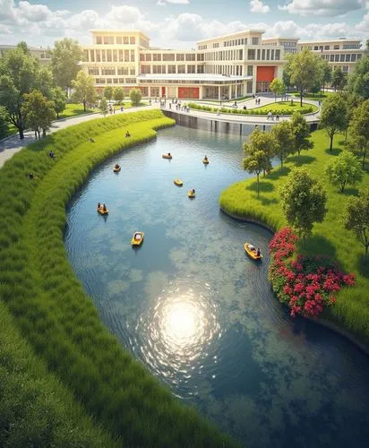Public Park with river and boats, sunny day, in the background old buildings photography, extreme details, highly detailed, 8k, intricate, cinematic lighting, realism pushed to extreme, fine texture, 