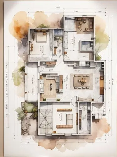 (watercolor1.2) architectural plan rendering,a large plan is depicted on a watercolor paper,floorplans,floorplan home,house floorplan,house drawing,floorplan,habitaciones,Illustration,Paper based,Pape