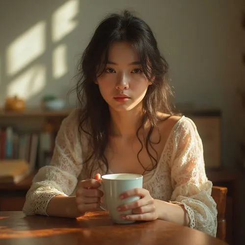 a woman sitting at a table with a cup in her hand,woman drinking coffee,cappuccino,tea zen,cuppa,morning light,woman at cafe,a cup of coffee,drinking coffee,red mug,jasmine tea,cup of coffee,woman por