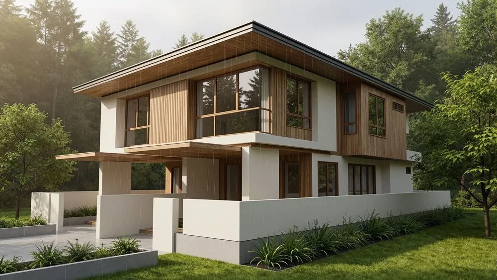 a small house in the grass with a lot of windows