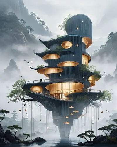 background,chinese architecture,asian architecture,japanese architecture,tree house,tree house hotel,floating island,futuristic architecture,silk tree,treehouse,ori-pei,floating islands,cube stilt hou