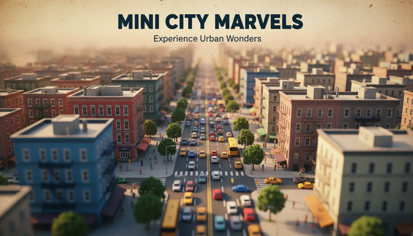 Ein lebendiges Poster einer von oben gesehenen Stadtstraße, gerendert mit einem dramatischen KI-Tilt-Shift-Effekt, der die Autos und Gebäude wie ein detailliertes Miniaturmodell aussehen lässt.