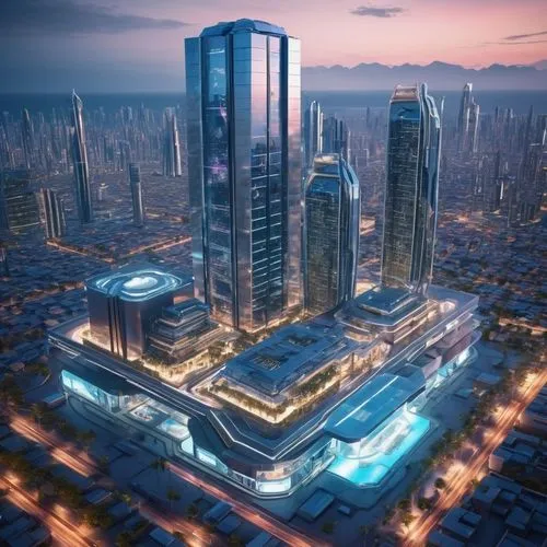 A model in a display case with the most impressive digital architectural models on a virtual cyberpunk island,an aerial view of a large building,futuristic architecture,business district,shanghai,metr