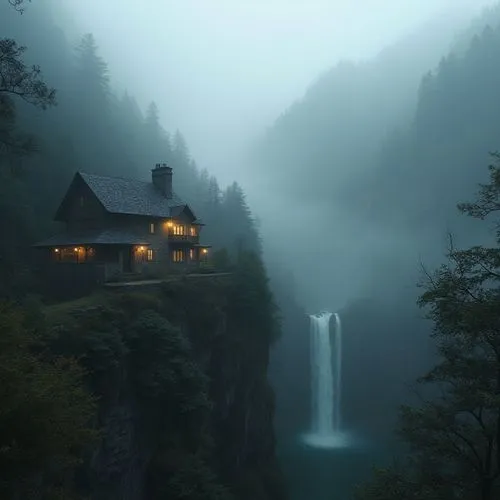 a house sitting on the side of a cliff with a waterfall in the background,house in mountains,house in the mountains,house in the forest,foggy landscape,house with lake,the cabin in the mountains,lonel