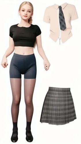 Paper doll 2d cartoon british schoolgirl in white t shirt ,black spandex shorts with black sock and black shoe standing surrounded by with a set of British  school uniform, white dress shirt, plaid bl