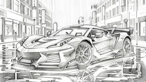Style: Design Sketch-Detailed Outline,a pencil drawing of a sports car driving down the street,washing car,wash a car,aquaplaning,muscle car cartoon,hydroplaning,cleaning car,ponding,car wash,mitsuoka