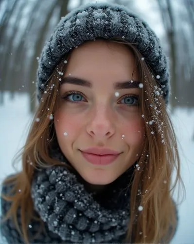photography of  woman, caucasian, snowflakes, snow, macro, close-up, high detail, winter, snow falling, snow crystal, outdoors, snow, shoulders, natural lighting, photorealistic, realistic, 4k,a girl 