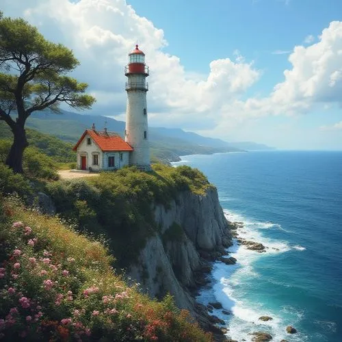 a lighthouse on a cliff overlooking the sea with trees and flowers around it,a lighthouse by the sea ,lighthouse,lighthouses,clifftop,cliff top,cliffs ocean,light house,clifftops,coastal landscape,cli