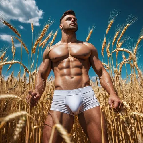 fit man wearing White brief, in a Wheat field,wheat field,wheat fields,stubble field,wheat crops,straw field,wheat grasses,barley field,cornfield,bed in the cornfield,gardener,grain field,corn field,w