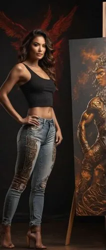 an artistic woman standing in front of a sculpture,fantasy art,art painting,sculptress,photo painting,oil painting on canvas,oil painting,airbrushing,copper frame,painting technique,warrior woman,fire