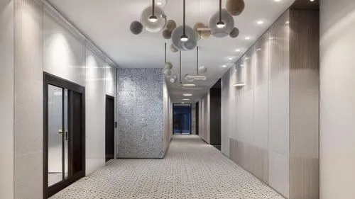minimalist lobby, modern , concrete, terrazzo , glass cladding ,the light is hung in the hallway to dimmer the lighting fixtures,hallway space,hallway,corridor,corridors,ceiling lighting,ceramic floor