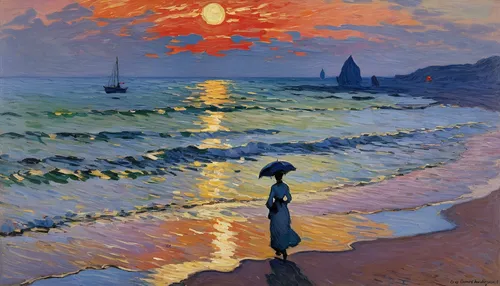 Describe a serene beach at sunset, where Joo Min-Kyung is enjoying a peaceful walk.,man at the sea,vincent van gough,basset artésien normand,sun and sea,el mar,beach landscape,sun,braque francais,post