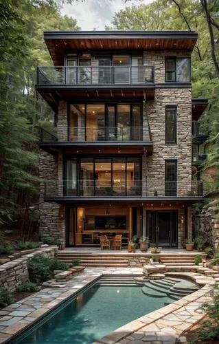 house made of stone,house in the mountains,house in the forest,timber house,modern architecture,modern house,mid century house,new england style house,house in mountains,the cabin in the mountains,bea