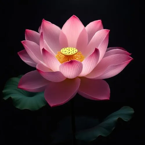 Create a hyper-realistic painting of a blooming pink lotus flower against a deep black background. Focus on the intricate details of the petals, showcasing their smooth, delicate texture and vibrant c