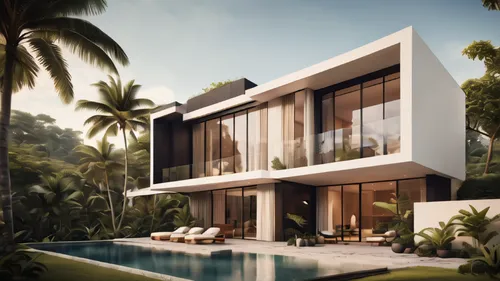 Design cottage architecture with sleek lines, minimalist interiors, and lightweight innovative materials. Craft a contemporary horizontal tropical atmosphere for a sophisticated and urban space. Detai